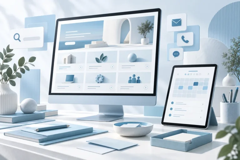 Sitio web de servicios en una computadora de escritorio con calendario de citas en una tableta y símbolos de búsqueda y contacto