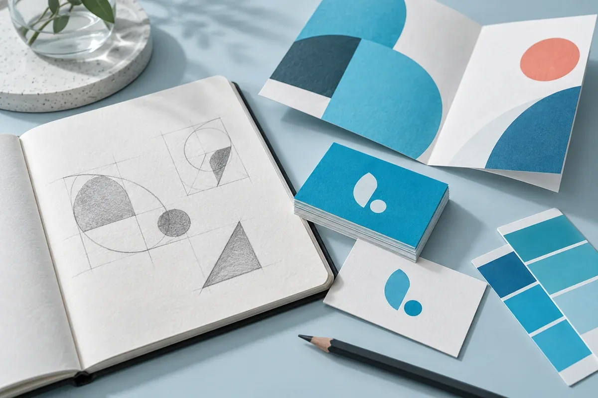 Bocetos de identidad de marca, tarjetas azules y materiales impresos coordinados