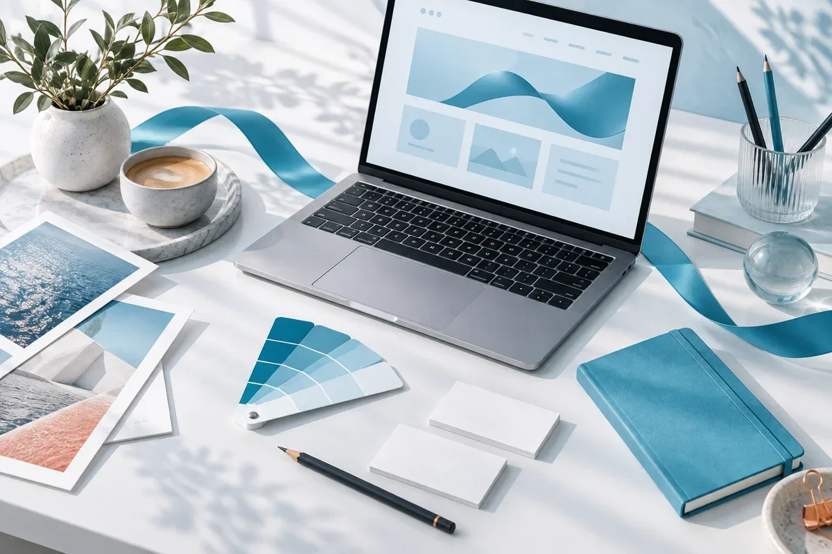 Espacio de planificación creativa con concepto web, muestras de color cian y materiales impresos