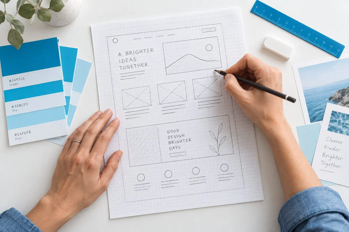 Manos de diseñador dibujando la estructura de un sitio web junto a muestras de color azul