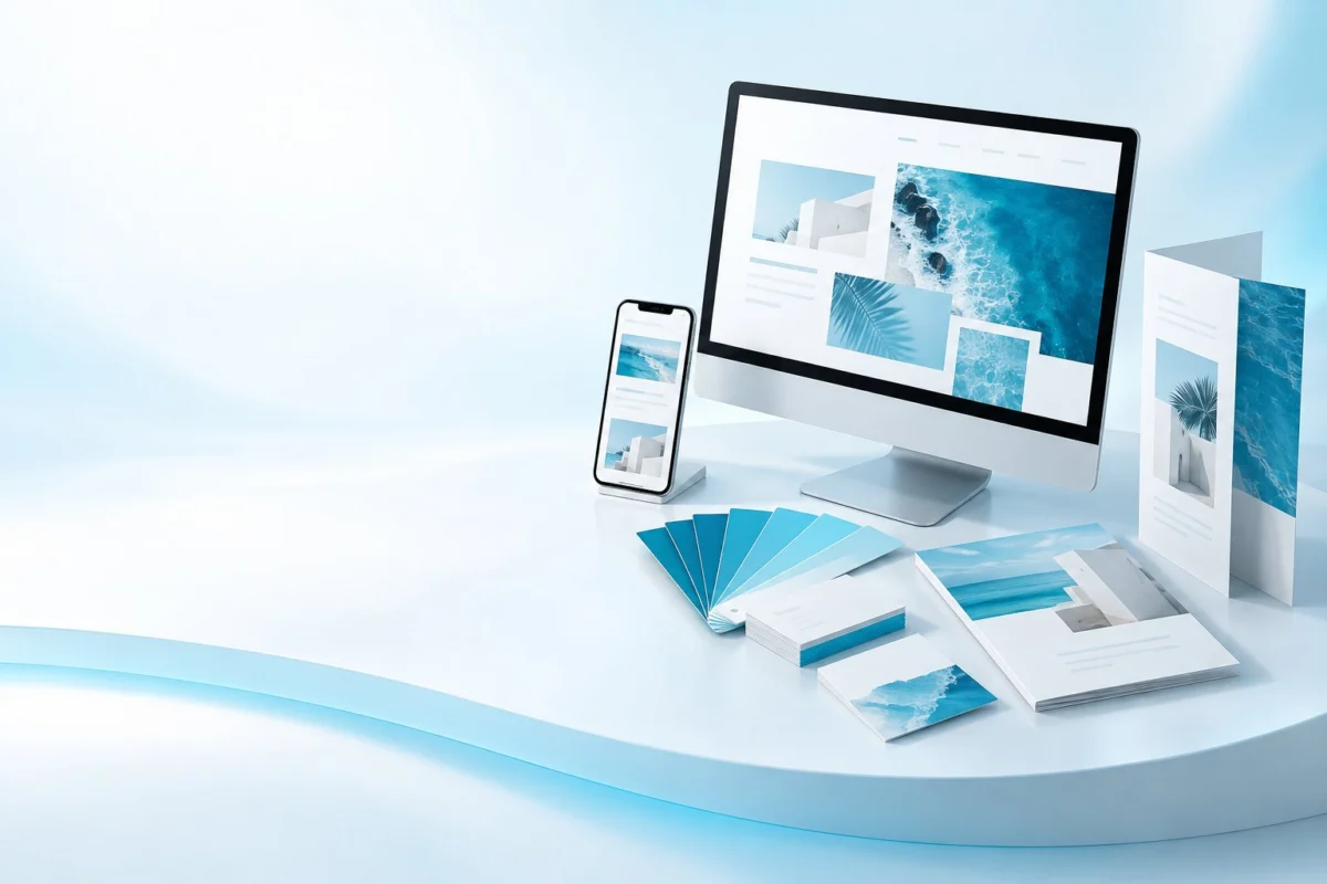Concepto de sitio web, móvil, muestras de marca y diseño impreso en un estudio luminoso azul y blanco