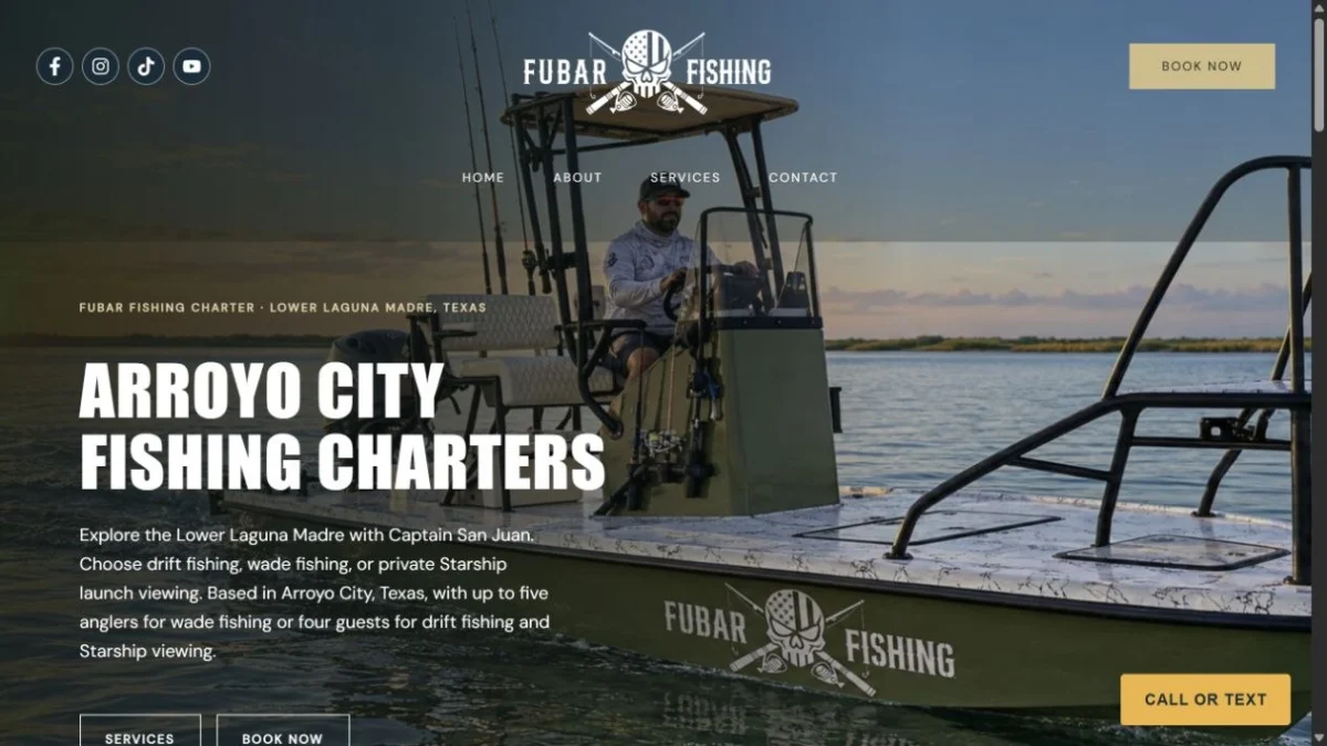 Página de inicio de Fubar Fishing Charter, diseñada por sanjuanDESIGNS