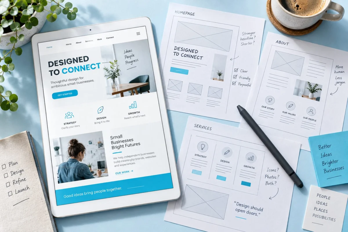 Diseño web en una tableta con bocetos impresos de estructura y un lápiz digital